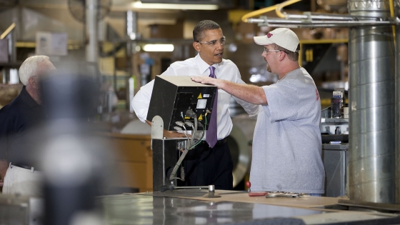 President Barack Obama Talks with Workers While Touring Stromberg Metal Works