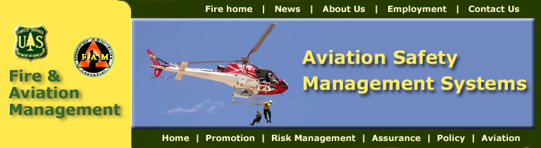 Banner:  US Forest Service, Fire and Aviation, Aviation Safety Management Systems.  Photo of a helicopter with rappelers.