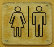 Photo of a bathroom sign showing the symbols for male and female