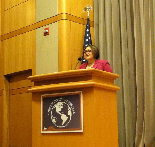 Ambassador Carmen Lomellin speaking at a Foreign Policy Classroom briefing.