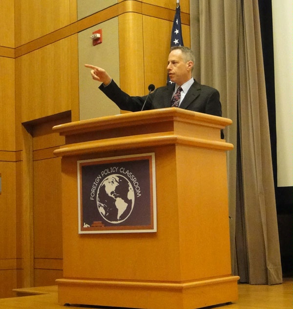 Michael Ratney, Deputy Assistant Secretary, Bureau of Public Affairs speaking  to approximately 100 students from various universities and countries.
