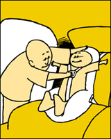 Illustration: A father securing his child in a safety seat.