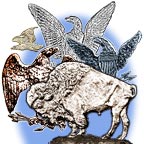 Image shows a bison and four eagles from the history of American coins.