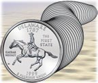 Image shows the Delaware quarter with a drawing of a long line of quarters behind it.