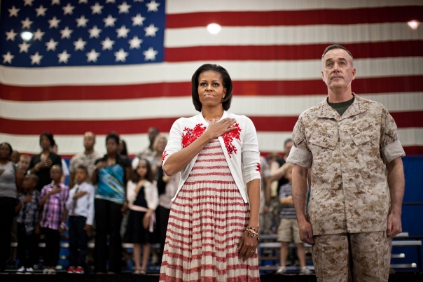 First Lady Michelle Obama Stands with Gen. Joseph Dunford