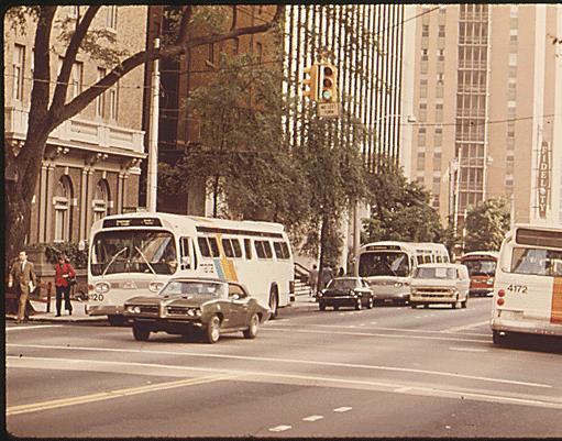 Metropolitan Atlanta Rapid Transit Authority (MARTA) buses in downtown Atlanta, Georgia. Voters have authorized a one percent sales tax for improving the transit system. In 1974 it brought in $53 million. A $1.79 billion 53-mile rapid rail transit system was scheduled to begin construction in May, 1975, but was held up by legal battles. In 1974 MARTA carried 73,727,000 passengers, an increase of 27 percent from 1970 to 1974, 06/1974 Documerica by Jim Pickerell.