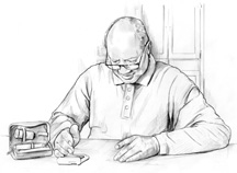 Ilustración de un hombre de edad avanzada midiéndose el azúcar en la sangre con un medidor de azúcar de la sangre. Esta sentado en una mesa. El medidor de azúcar se encuentra en la mesa adelante de el. 