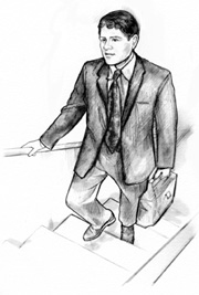 Ilustracion de un hombre en terno, cargando un maletín mientras sube un tramo de gradas.