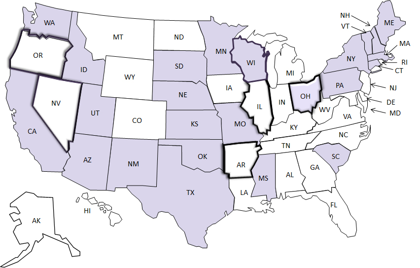 1999 US Map of Legal status of nonpasteurized dairy product sale or distribution.  During the study period, 43 (86%) states did not change their legal status regarding the sale of nonpasteurized dairy	products produced in that state. Among these 43 states, selling nonpasteurized dairy products produced in that state was legal in 21 (49%). Of the 7 states that changed their legal status, 3 changed from legal to illegal (Mississippiin 2005, Ohio in 2003, and Wisconsin in 2005), 3 changed from illegal to legal (Arkansas in 2005, Illinois in 2005, and Nevada in 2005), and 1 (Oregon) changed from legal to illegal in 1999 and then back to legal in 2005.