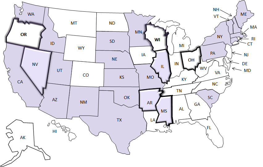 2006 US Map of Legal status of nonpasteurized dairy product sale or distribution. During the study period, 43 (86%) states did not change their legal status regarding the sale of nonpasteurized dairy	products produced in that state. Among these 43 states, selling nonpasteurized dairy products produced in that state was legal in 21 (49%). Of the 7 states that changed their legal status, 3 changed from legal to illegal (Mississippiin 2005, Ohio in 2003, and Wisconsin in 2005), 3 changed from illegal to legal (Arkansas in 2005, Illinois in 2005, and Nevada in 2005), and 1 (Oregon) changed from legal to illegal in 1999 and then back to legal in 2005.