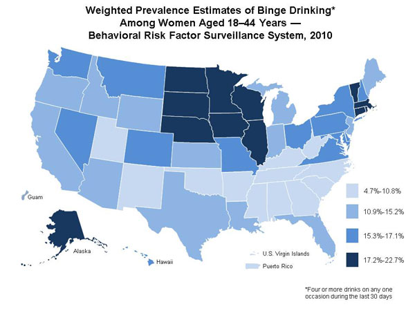 Prevalence of binge drinking by state