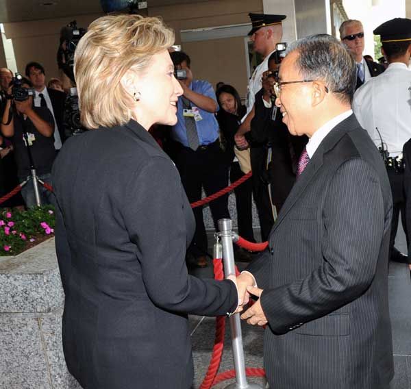 Date: 07/27/2009 Location: Washington, DC Description: Secretary Clinton greets Chinese State Councilor Dai Bingguo upon arrival at the State Department. © State Dept Image