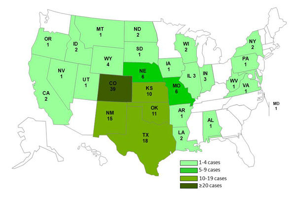 map showing persons infected with the outbreak strain of Listeria monocytogenes, by state
