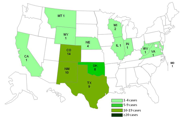 chart and map showing persons infected with the outbreak strain of Listeria monocytogenes, by state