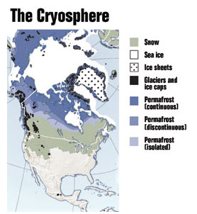 The Cryoshpere:  color-coded map that shows different components of the cryoshpere in North America.  The components shown are snow, sea ice, ice sheets, glaciers and ice caps, and three different types of permafrost.
