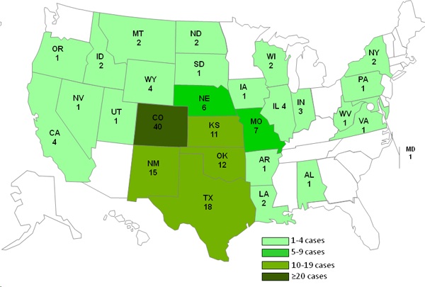 map showing persons infected with the outbreak strain of Listeria monocytogenes, by state