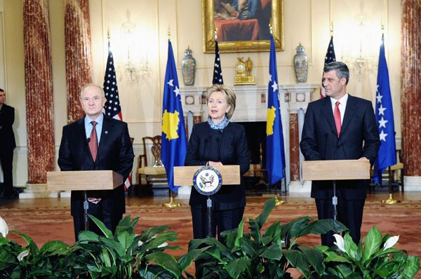 Date: 02/26/2009 Description: Secretary Clinton delivers remarks with Kosovar President Fatmir Sejdiu and Kosovar Prime Minister Hashim Thaci.  State Dept Photo