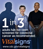 1 in 3 adults has not been screened for colorectal cancer as recommended. CDC Vital Signs