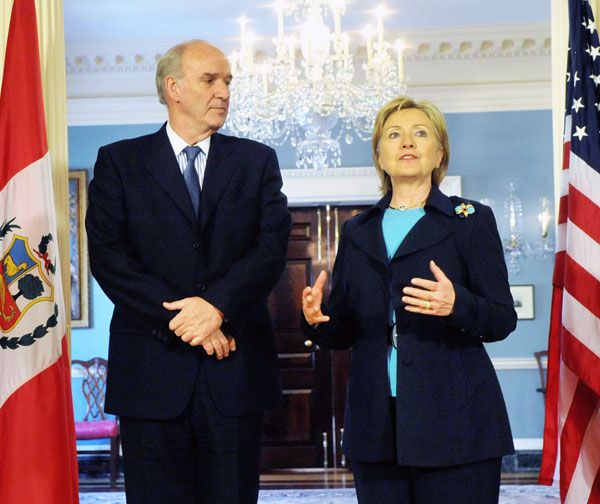 Date: 04/06/2009 Description: Secretary Clinton with Peruvian Foreign Minister Jose Antonio Garcia Belaunde before their meeting. State Dept Photo