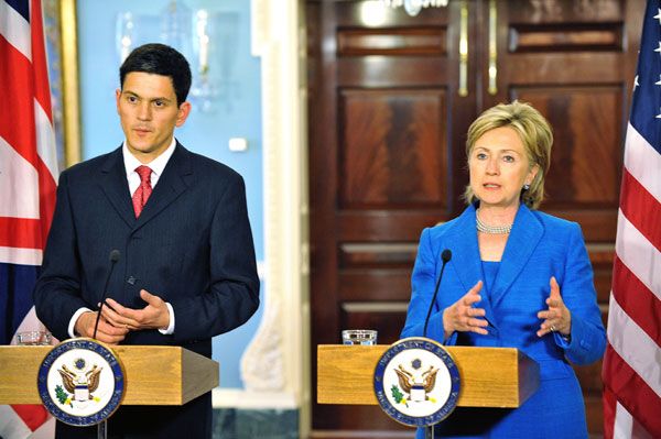 Date: 07/29/2009 Description: Secretary Clinton and British Foreign Secretary David Miliband speak to the press at the State Department. © State Dept Photo by Michael Gross