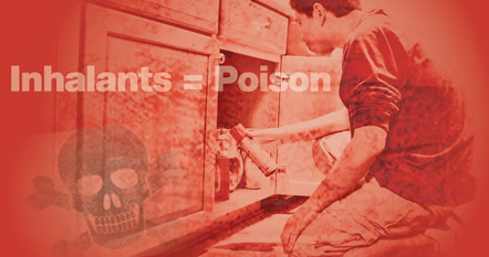 Photo of a teen pulling an aerosol can out of a cupboard with a skull and crossbones graphic screen over it