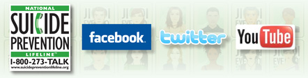 National Suicide Prevention Lifeline logo, FaceBook Logo, Twitter logo, and YouTube Logo