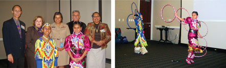 photo (on left) of SAMHSA’s Tribal Issues Work Group and hoop dancers, photo (on right) of Native American hoop dancers