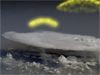 Artist interpretation of electrons accelerating upwards from a thunderhead.
