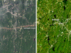 Combined images of area affected by tornado, after on left, before on right.