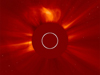 Screen capture from Solar and Heliospheric Observatory (SOHO) video of CME event.