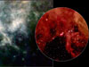 This layout compares two pictures of a supernova remnant called SN 1987A
