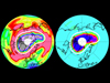 North polar region views showing levels of ozone and chlorine monoxide
