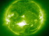 SOHO captured this image of a solar flare in wavelength 195 as it erupted from the sun early on Tuesday, October 28, 2003. This was the most powerful flare measured with modern methods.