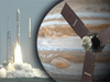 image mosaic of Juno launch and artist concept of Juno spacecraft and Jupiter