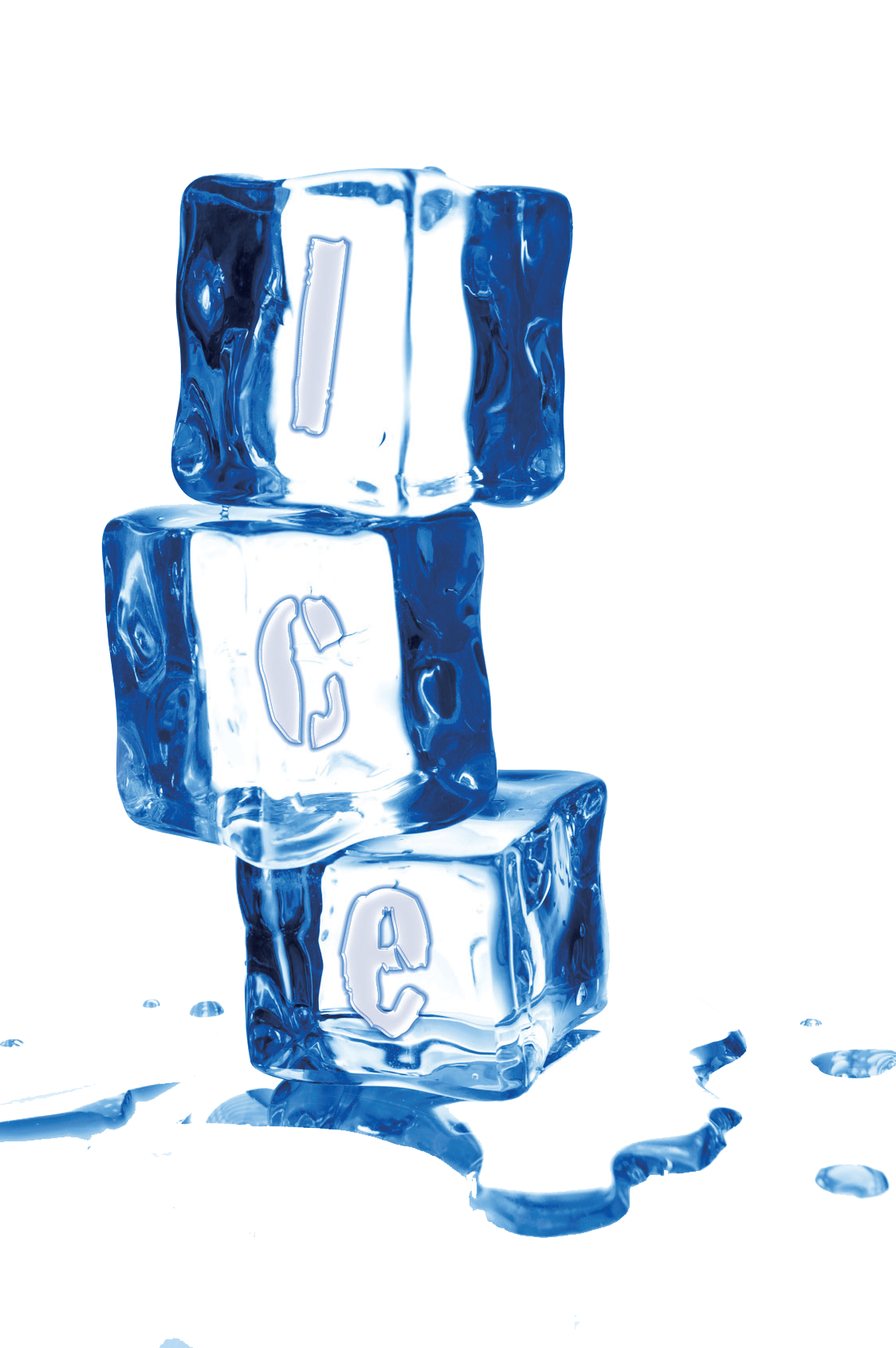 Image of three melting ice cubes stacked up. The letter I is on the top cube, the letter C is on the middle cube, and the letter E is on the bottom cube. There is a puddle of water at the bottom.