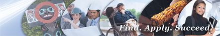 photo collage of a totem pole, workers wearing hard hats, a man in a wheelchair, an ear of corn, and a woman holding folders