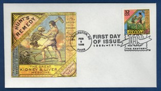 A rectangular shape box with a man battling a skelton (left) and on the right same picture but in the form of a stamp.