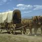 Replica of covered wagon on the Oregon Trail in Wyoming.