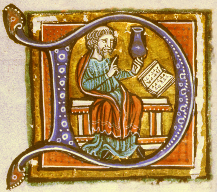 An illuminated letter D. Within the letter is a physician with a flask of urine, possibly comparing it to pictures or descriptions of variously colored urine in a book.