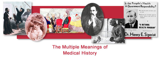 A montage of six images. The far left is a man is being beaten with a stick by another man; a third man stands to the left holding a watch, timing the beating. Next is a oman, half-length, left pose, full face; holding Cushman's Menthol Inhaler. Next a group of four physicians sit in consultation, two with walking sticks to their noses, while the patient looks on from his bed. Next a black and white half length, full face, seated at desk covered with books and papers, hand to chin of William Osler. Next a black and white photograph of Dr. Harvey Cushing dressed in medical scrubs and wearing gloves standing at the bedside of a young patient lying on their side with bandages on their head and covered with white sheets. Finally a head and shoulders photograph of Henry Sigrest in an advertisment for a talk. The Multiple Meanings of Medical History in the bottom in red lettering.