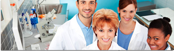 graphic banner of a group of doctors posing in their lab