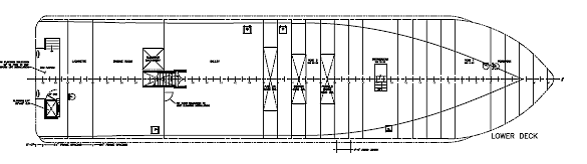 Figure 7 shows a plan view of the lower deck and where four feet was added to the length and the location of the elevator pit.  At the stern, the tender boarding platform/swim deck is shown to have a platform lift. 