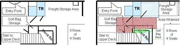 Plan view of the port side corner of the main deck.  Its original layout, and its new layout.  The figure shows how the toilet room was expanded into the port side freight storage area, and how door maneuvering clearances caused the removal of the golf bag storage closet and reducing the snack bar area.