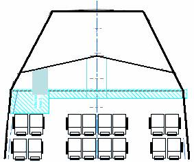 Plan view of the forward end of the main deck and how the forward storage lockers had to be increased in depth to block that portion of the cross aisle which has a ceiling height of less than 80 inches.
