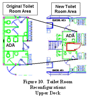 Figure 10 shows a plan view of the area around upper deck toilet rooms. It shows the original layout and the new layout within the footprint of the original layout. More details are provided in the text above.