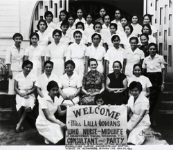 Staff and students welcome Lalla Goggans to the Butuan Puericulture Center, Maternity and Hospital, School of Midwifery, Butuan City IHM #B010051