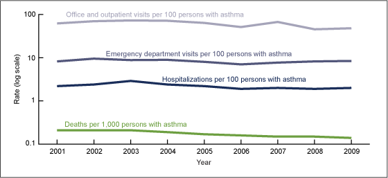 Figure 3 is a line graph showing asthma health care encounter rates per 100 persons with asthma in primary care settings, emergency departments, and hospitals, and asthma death rates per 1,000 persons with asthma in each year from 2001 to 2010.