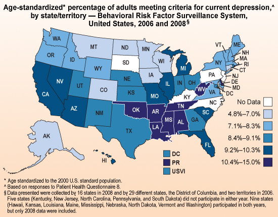 Chart: Age-standardized (to U.S. population) percentage of adults meeting criteria for current depression based on responses to Patient Health Questionnaire 8 by state/territory – Behavioral Risk Factor Surveillance System, United States, 2006 and 2008