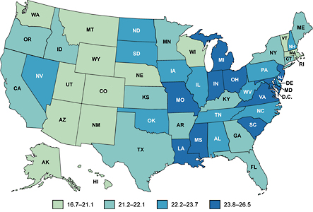 Map of the United States showing female breast cancer death rates by state.