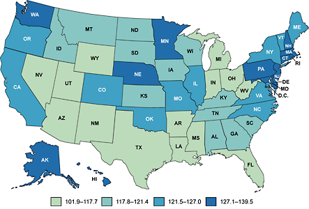 Map of the United States showing female breast cancer incidence rates by state.